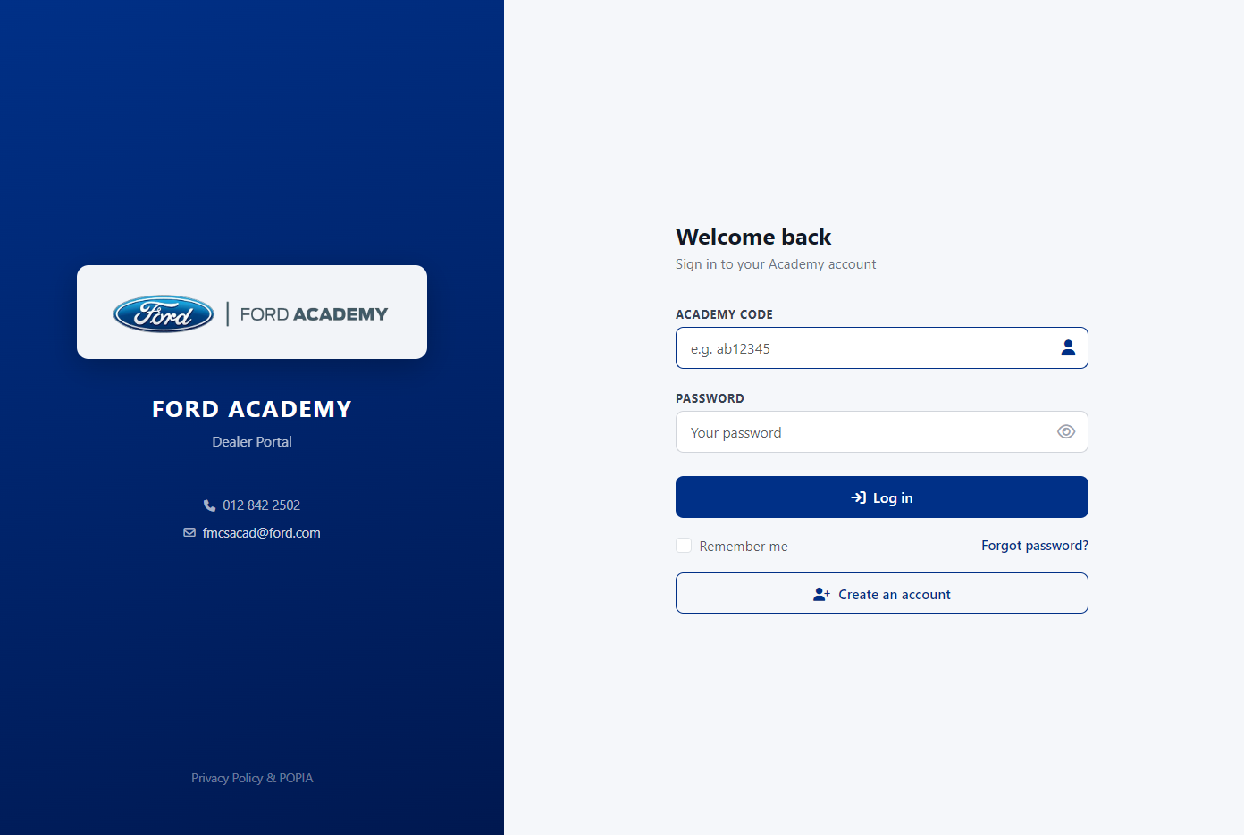 Ford Academy dealer portal — branded sign-in screen