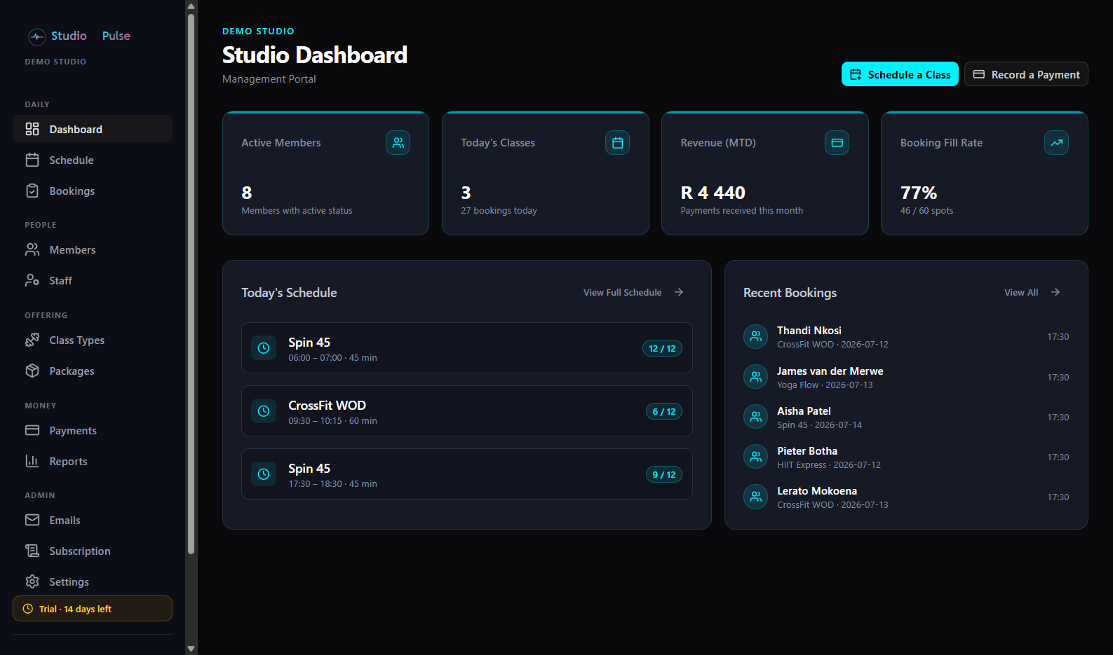 StudioPulse studio dashboard — members, revenue, bookings and today's schedule