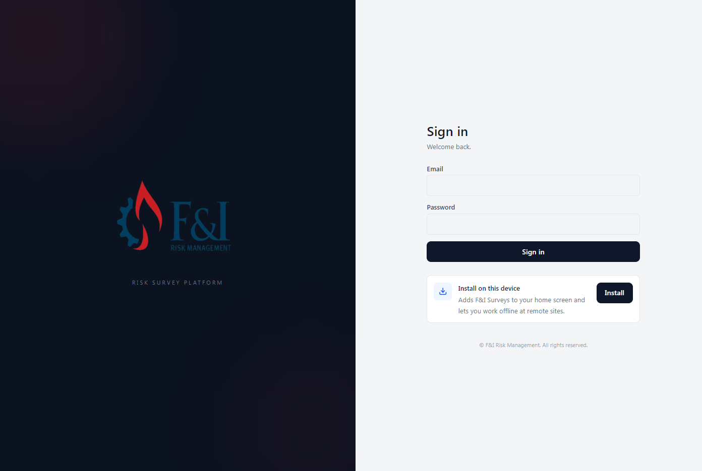 F&I Risk Management survey platform — sign-in with offline install prompt