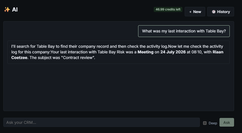 SmrtContacts AI answering 'What was my last interaction with Table Bay?' with the meeting date, attendee and subject