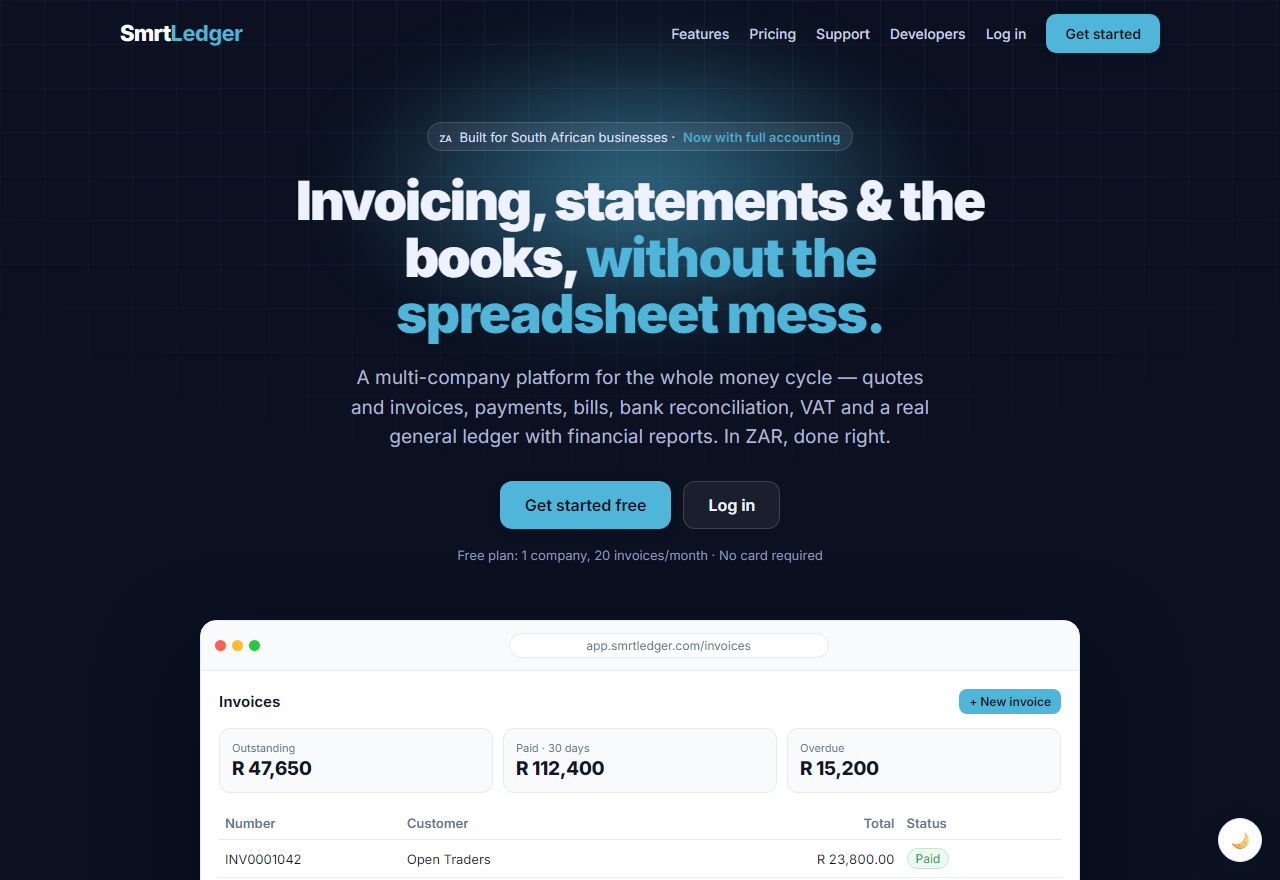 SmrtLedger — invoicing and statements landing page with live invoices dashboard